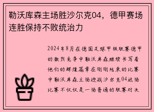 勒沃库森主场胜沙尔克04，德甲赛场连胜保持不败统治力