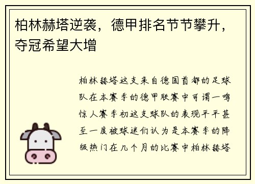 柏林赫塔逆袭，德甲排名节节攀升，夺冠希望大增